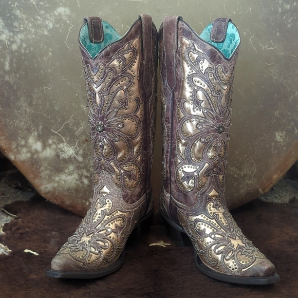 CORRAL E1594 distressed brown leather snip toe cowgirl boots metallic inlay sz 8 - Picture 7 of 16